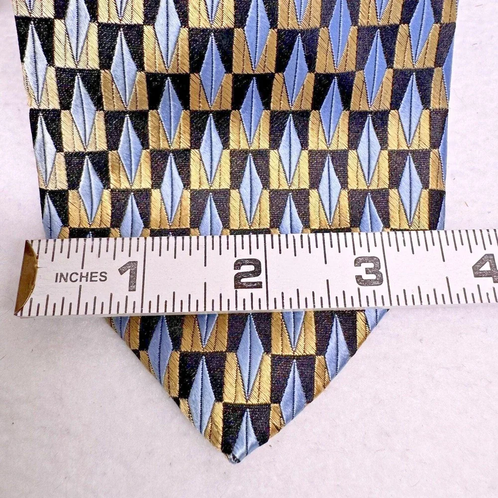 Brent Morgan Necktie Mens OS Gold Blue‎ Geometric Silk Formal Wedding Art Deco